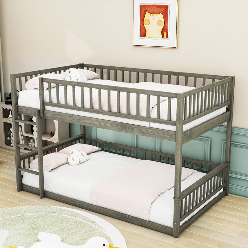 Wood Queen Over Queen Bunk Bed With Ladder And Guardrails, Splitable Into 2 Beds, Gray