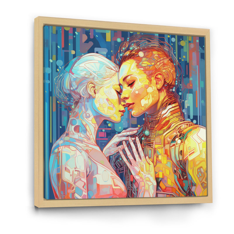 «Retro Robot Couple in Love», reproduction sur toile, Cadre flottant brun, H 36 po x l 36 po x P 1,5 po