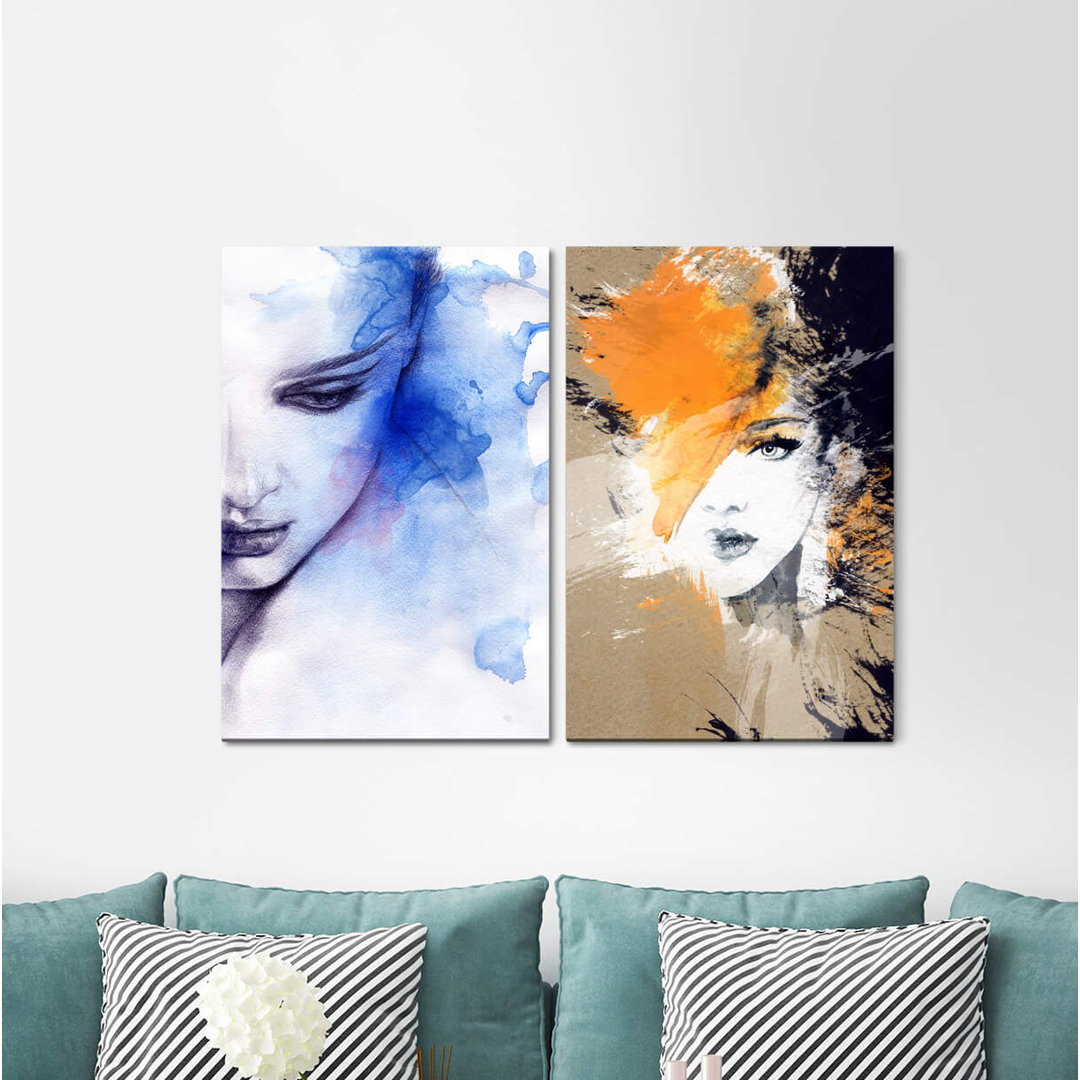 2-tlg. Leinwandbilder-Set - Grafikdruck „Women Portrait Blue Angel Watercolour Seductive Beautiful Elegant”