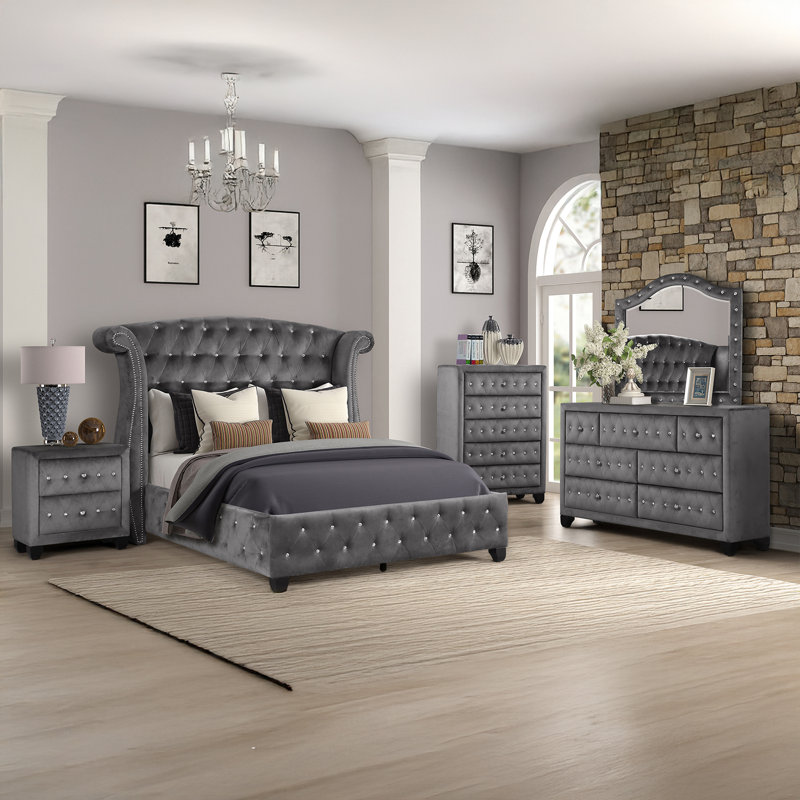 Rausch Upholstered Standard 5 Piece Bedroom Set, Gray, 5 Pcs: Bed, Nightstand, 2 Dressers, Mirror, Full/Double