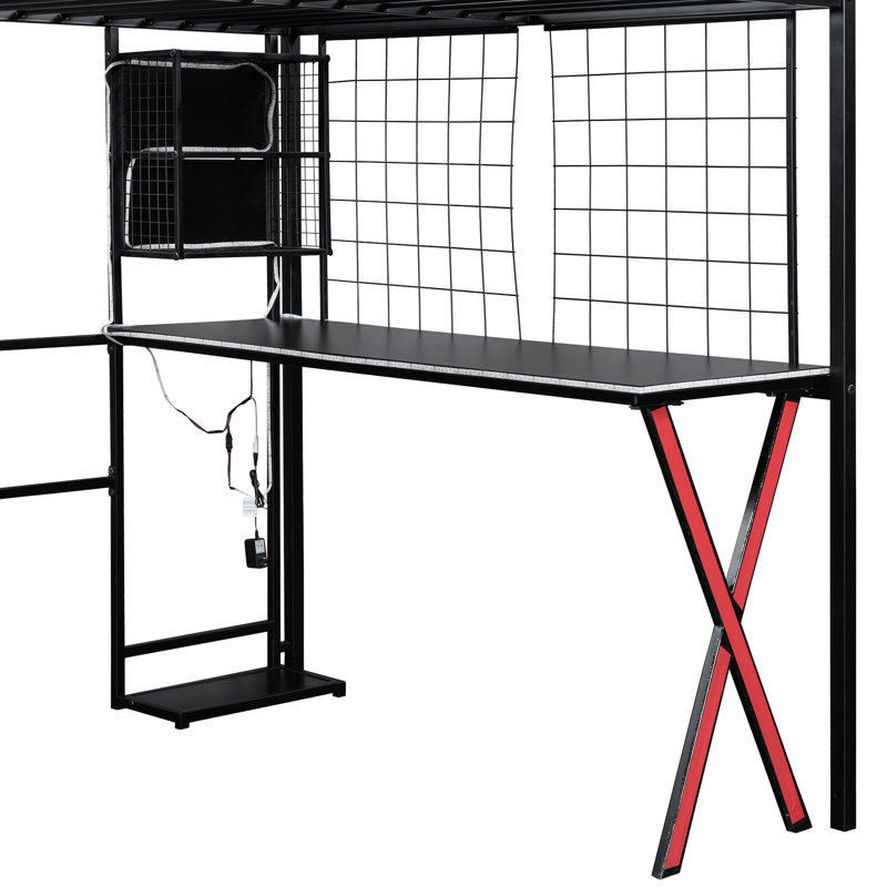 Lit mezzanine double en métal noir avec poste de travail intégré, garde-robe de rangement et escalier stable