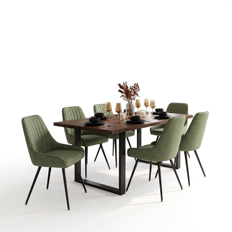 Audna 6-Person Upholstered Dining Set, Walnut, Green