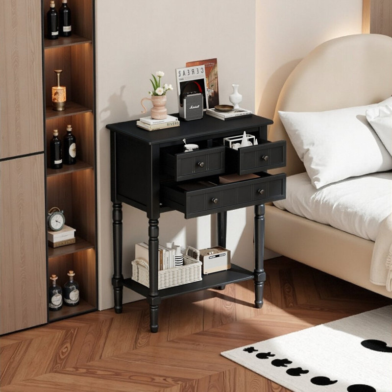 Console 23,7 po avec 3 tiroirs et tablette pour le salon, Noir