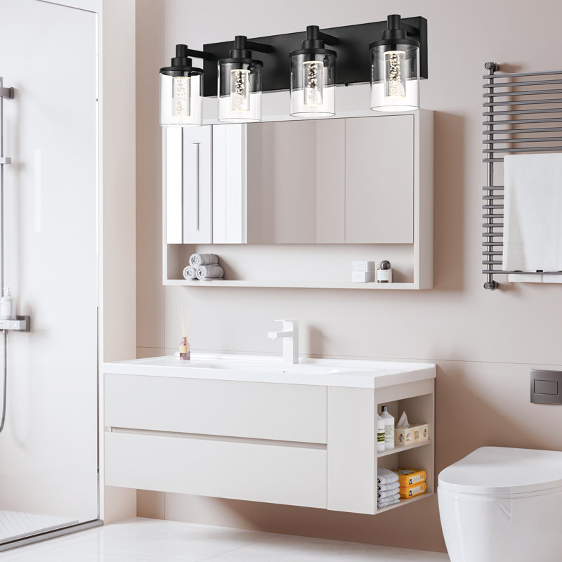 Éclairage pour meuble-lavabo (4 lumières), (3000K / 3500K / 4500K / 5000K / 6000K, à intensité variable), luminaire de salle de bain à DEL de protection des yeux, applique murale moderne sur miroir avec abat-jour en verre transparent