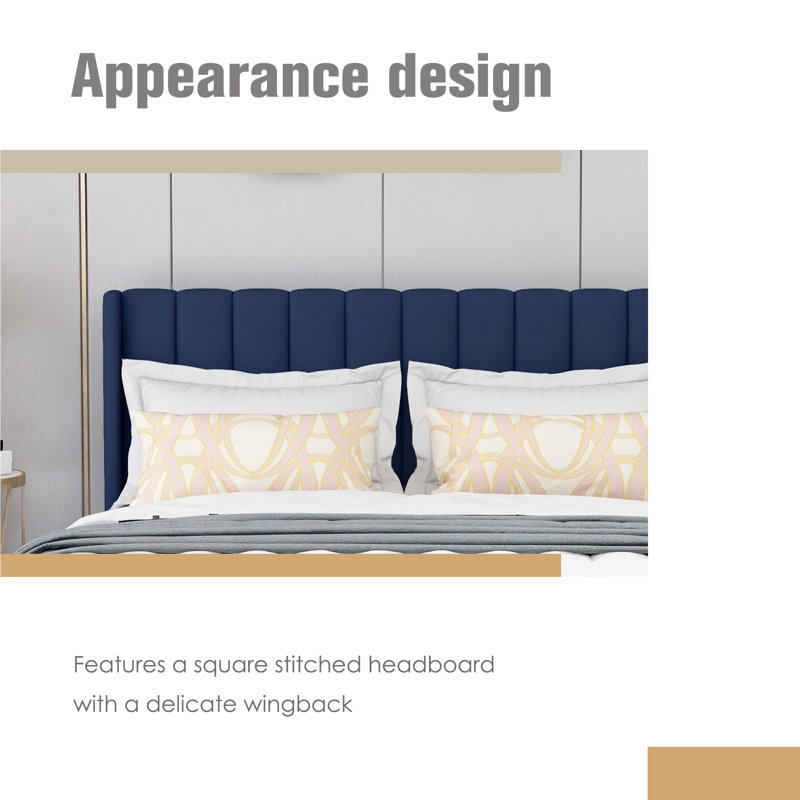 King Size Blue Velvet Upholstered Platform Bed with Tufted Headboard