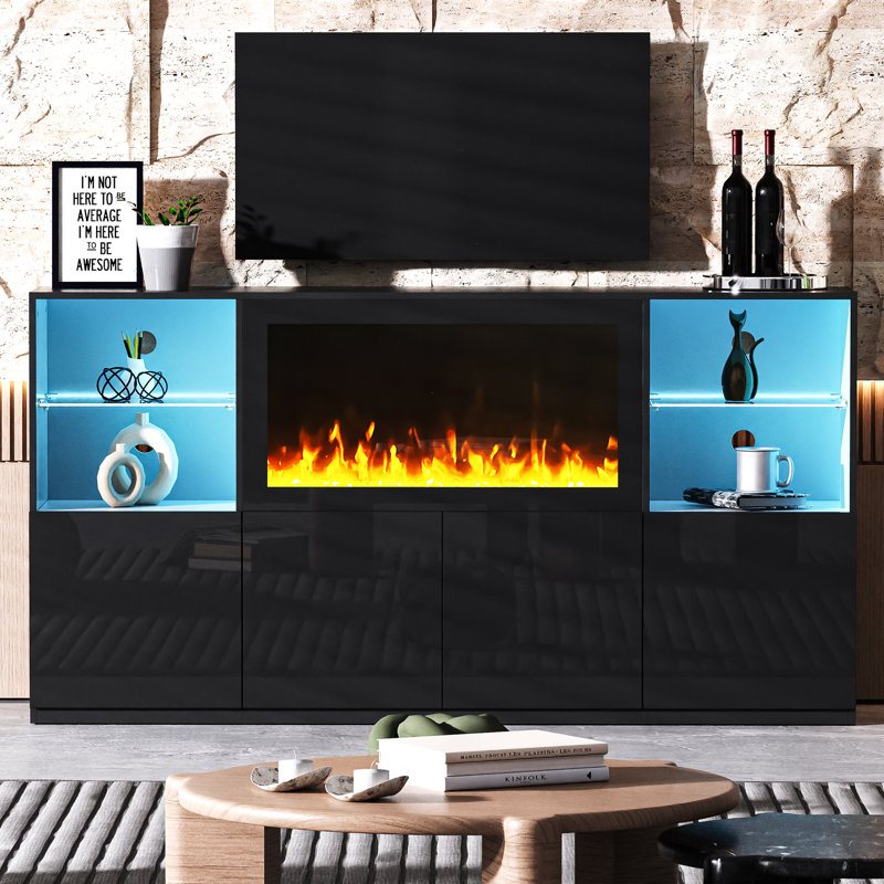 Meuble télé pour téléviseur de 75 po ou moins avec foyer électrique Gwinevere, Noir, noir, noir, noir