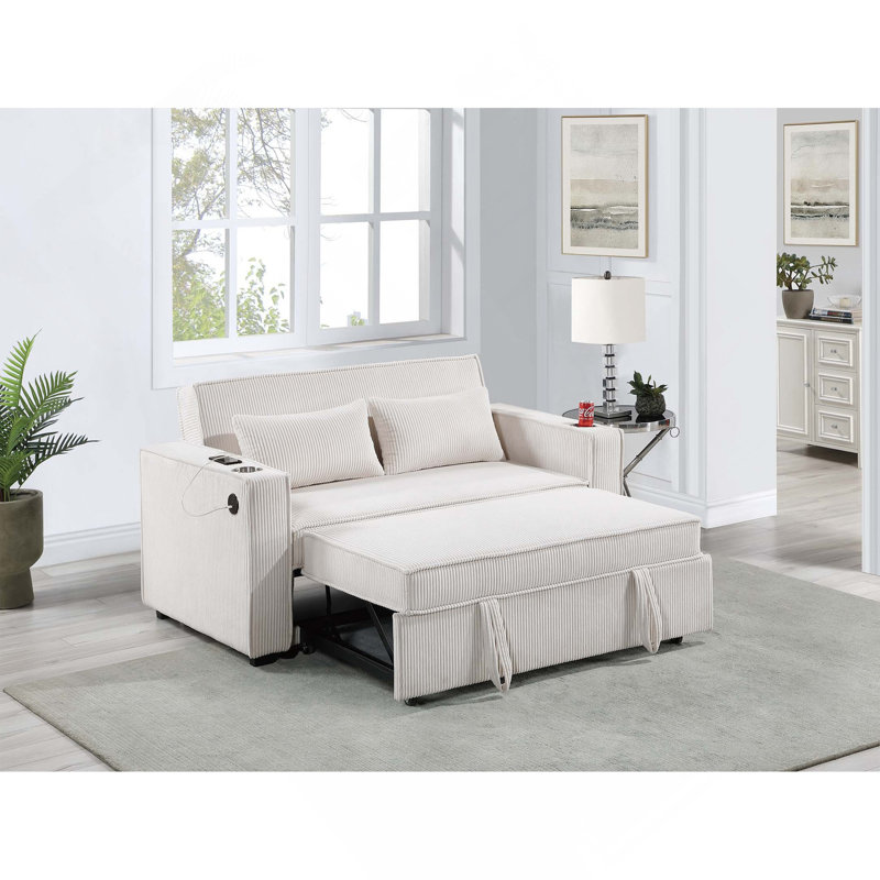 Canapé convertible beige en velours côtelé 2 places avec porte-gobelet et canapé convertible 1 pièce avec port USB