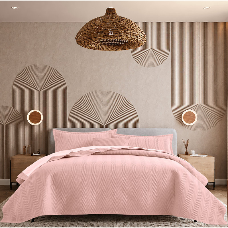 Chevron Textured Quilted Over sized Bedspread Set with Matching Shams, Grand (90 po x 96 po), Rose