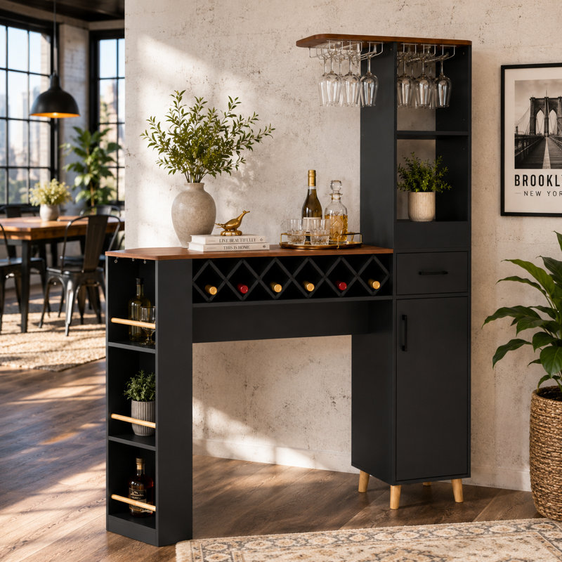 Meuble-bar UNAFLOR avec table à manger, 6 porte-verres, casier à vin amovible et tablettes latérales, Noir