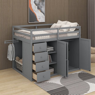 Full Size Wood Loft Bed With Wardrobes, Cabinets And Drawers