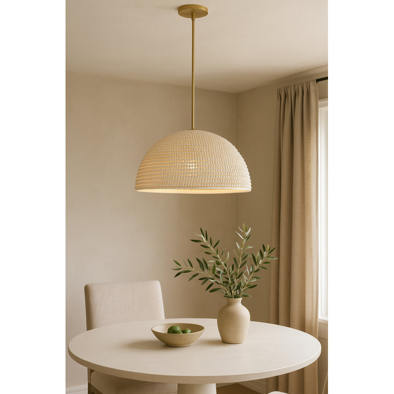 Luminaire suspendu dôme en bois Breanne - 20 po de diamètre - Blanc mat - Abat-jour blanc rétro, 100 Watts