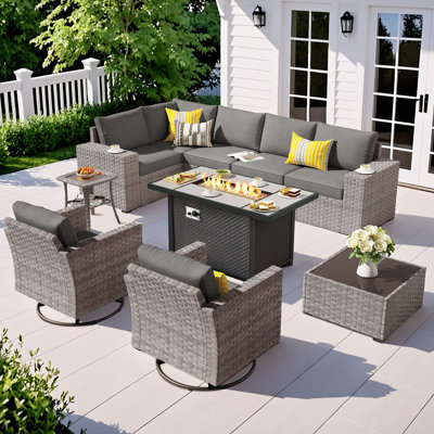 Ensemble de conversation pour 7 personnes avec chaise berçante pivotante, ensemble de conversation modulaire en rotin et osier avec coussins, ensemble de conversation pour canapé toutes saisons avec foyer pour table de jardin