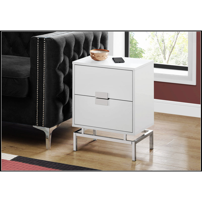 Table d'appoint moderne blanc brillant avec rangement, base en métal chromé pour le salon et la chambre à coucher