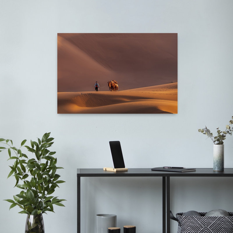 " Golden Desert Camel Journey Peaceful Serene Tranquil Landscape Nature Wall Art Print " Print, 16" H x 24" W