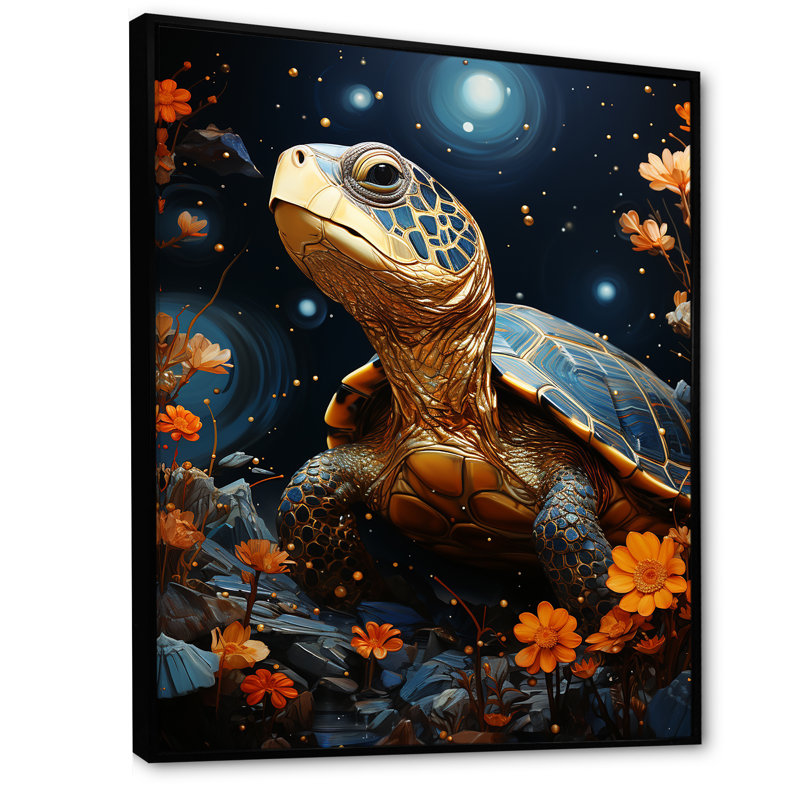 Tortue avec ciel étoilé sur toile, Cadre flottant noir, H 32 po x l 24 po x P 1 po