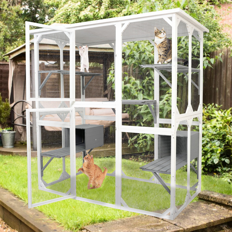 Charming Medium Cat Cage, White Wooden House For Kitties Pet Enclosure, Cage Security