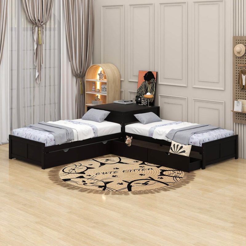 Lit plateforme simple en L avec lit gigogne, tiroir et bureau, Espresso