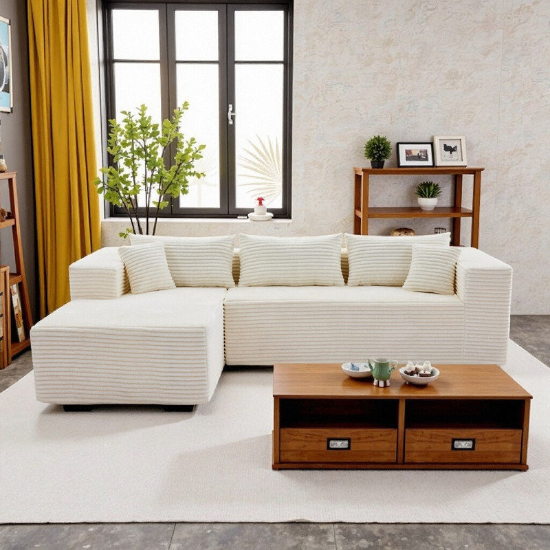 Canapé modulaire en L modulaire avec méridienne sans assemblage 4-5, Velours côtelé blanc