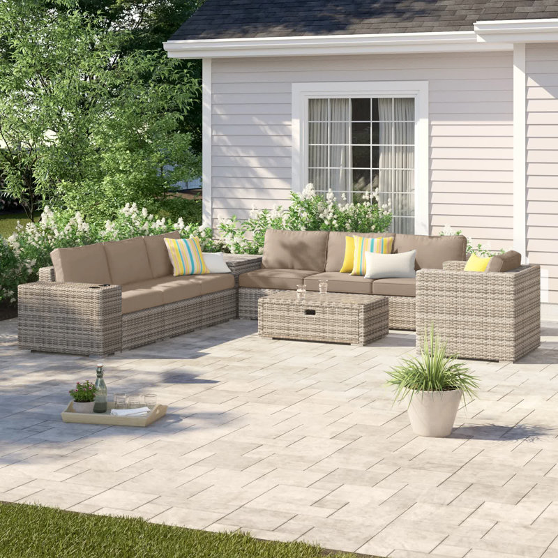 Leamon Wicker Fully Assembled 7 - Person Seating Group with Sunbrella Cushions, Beige 