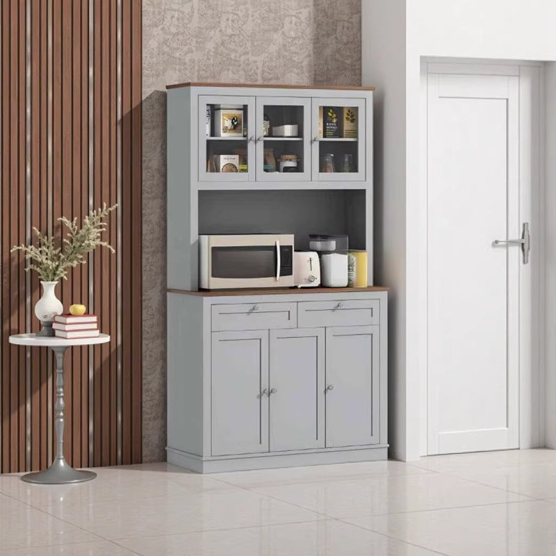 Élégant garde-manger de 70,9 po de hauteur avec support pour micro-ondes, tablettes réglables et tiroirs - Solution de rangement moderne en gris et chêne
