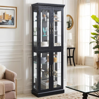 Lighted Curio Cabinet 71" Vintage Glass Display Case with Adjustable Shelves, 4 Tempered Glass Doors, Bulb Included, Wooden Square Wine Bar China Cabinet for Living Room Liquor Storage