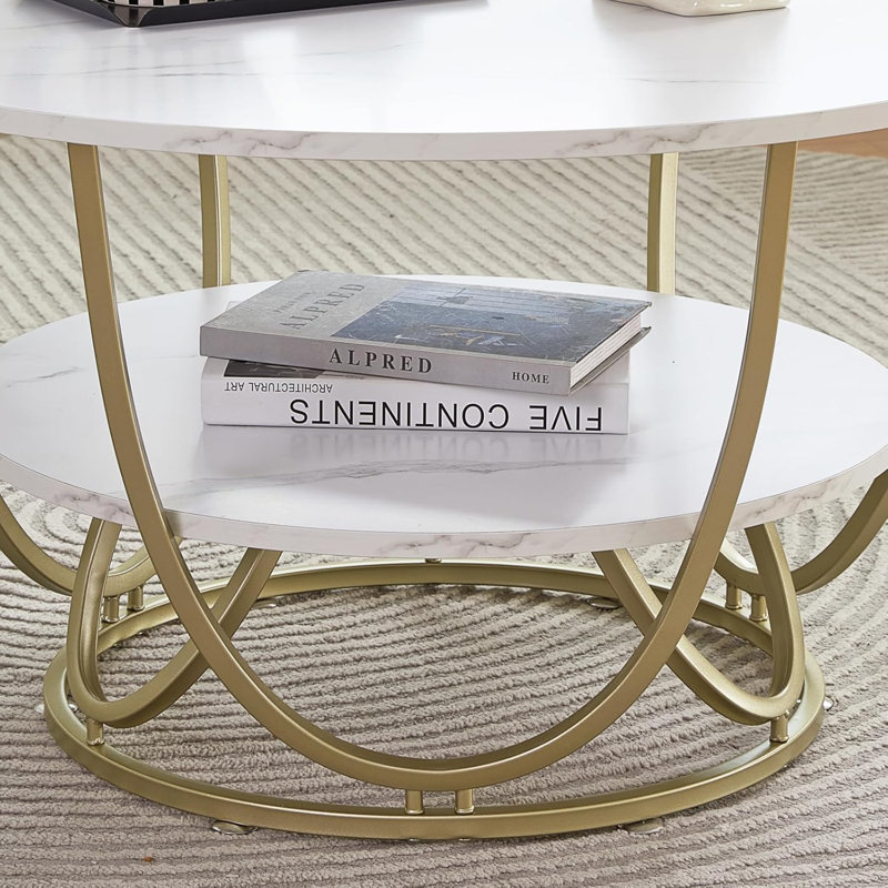 30 Inch White Marble Print Coffee Table with Gold Frame and Storage