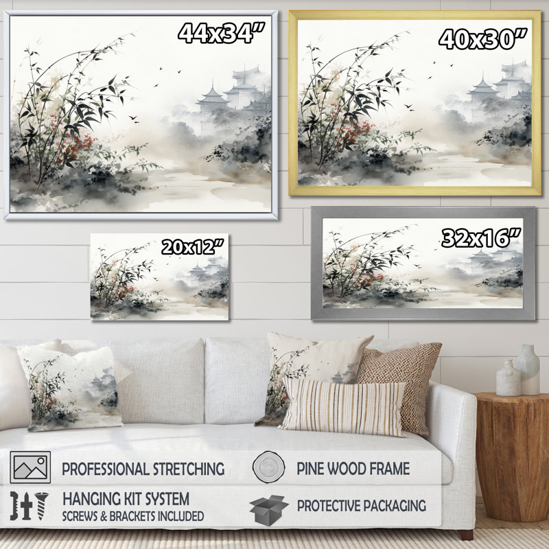 «Asian Art Sumi Bird Serenity XIII», reproduction d'art sur toile, Cadre photo noir, H 30 po x l 40 po x P 1,5 po