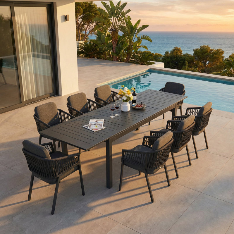 Ensemble de salle à manger d'extérieur détachable tout en aluminium de 9 pièces avec table et coussin rectangulaire