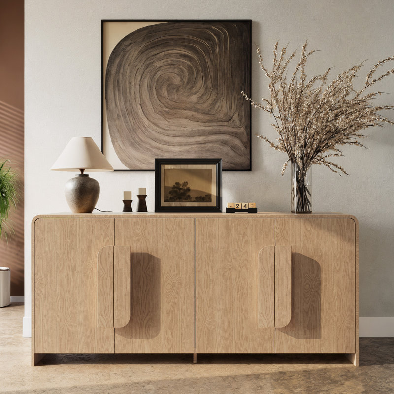 Modern 63.78” Curved Sideboard with 4 Doors and Irregular Handles for Dining Room Storage, Beige