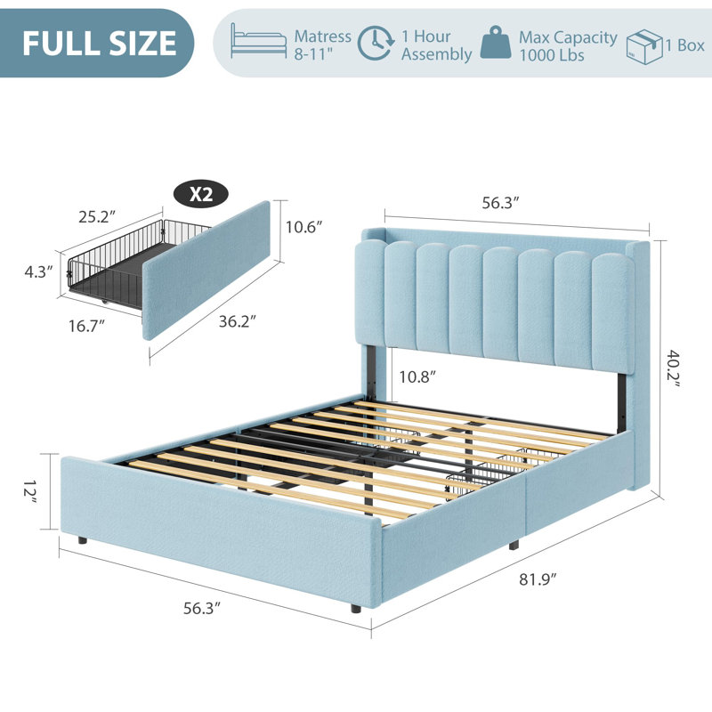 Structure de lit à DEL pleine grandeur avec 2 tiroirs de rangement pour enfants, lit plateforme tapissier avec tête de lit Boucle, tête de lit ondulée chic avec bibliothèque, aucun sommier nécessaire