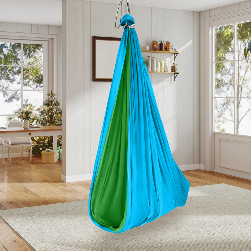 Sensory Swing for Kids Indoor/Outdoor, Calming Cocoon Therapy Hammock with 360° Swivel Hardware, 300 lb Capacity — Blue & Green