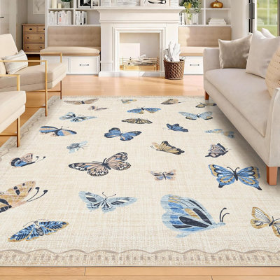 Tapis à motif de papillons 8 x 10, tapis à poils courts lavable et antidérapant pour salon de chambre à coucher, kaki