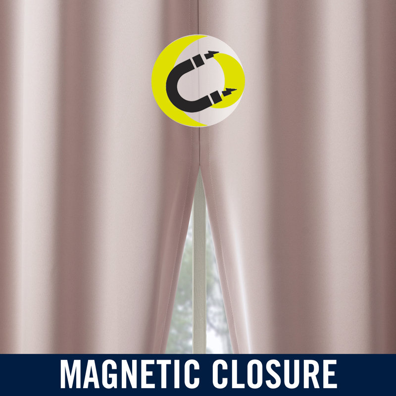 Aria Magnetic Closure Theater Grade 100% Blackout Back Tab Curtain Panel Pair, 52" W x 63" L, Blush Pink