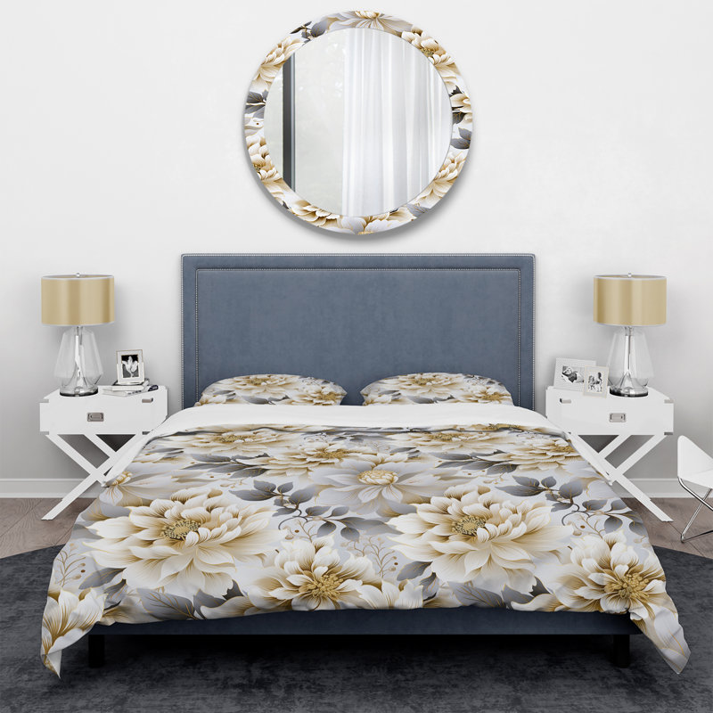 Literie blanche et dorée Chrysalemum Mandalas II, Housse de couette pour grand lit et 2 taies décor