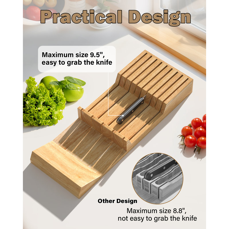 Natural Rubber Wood 9-Slot In-Drawer Knife Organizer