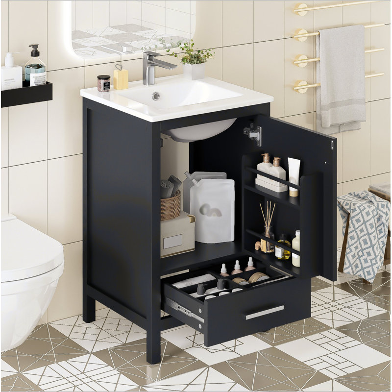 Meuble-lavabo moderne de 20 pouces avec lavabo en céramique, tiroir et porte à fermeture en douceur, organisateur de porte double couche, tiroir de séparation, patins réglables - conception de rangement peu encombrante
