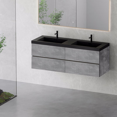 Floating Bathroom Vanity 60" Wide Double Basin, Modern Wall-Mounted Bathroom Storage Vanity Cabinet With Double Black Quartz Sand Top Basins And Four Soft-Close Drawers