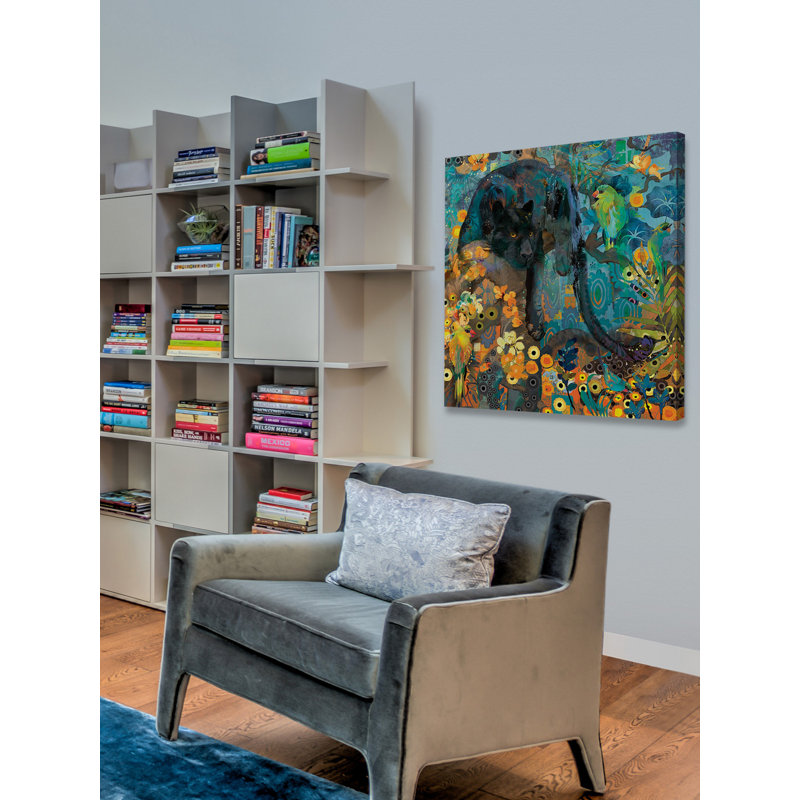 «Jaguar And Green Parrots» par Evelia, reproduction d'art sur toile tendue, H 48 po x l 48 po x P 1,5 po