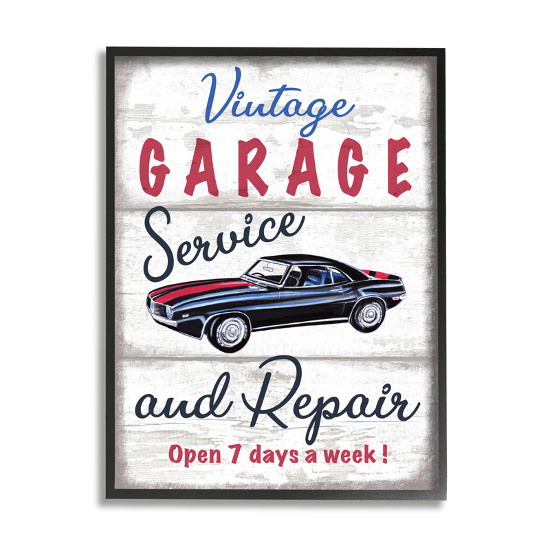 «Vintage Garage Service» par Elizabeth Tyndall - Art textuel, H 14 po x l 11 po, Giclée encadrée noir minuit