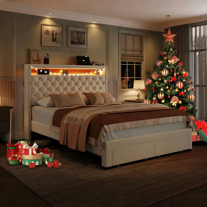 Storage LED Headboard with Charging Station Bed Frame, Full, Beige