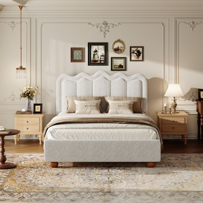 Cadre de lit double avec tête de lit, cadre de lit Boucle, cadre de lit plateforme tapissier doux avec pied de lit, pieds en bois massif, support de lattes en bois massif, aucun sommier requis, assemblage facile