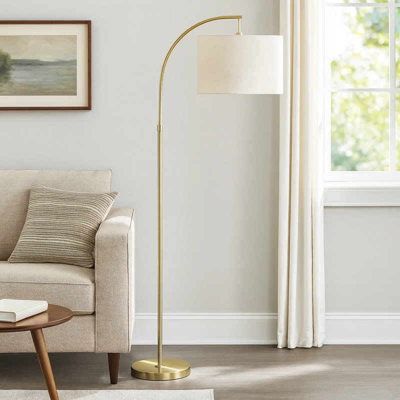 Mylo Floor Lamp, Arched Arm Design, 65 Inch, Accent Metal Frame, Gold