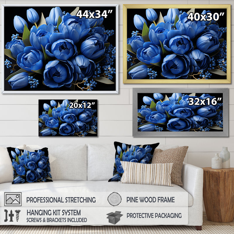 Azur bleu tulipes en fleurs - tulipes murales en toile, H 24 po x l 32 po x P 1 po, Toile tendue