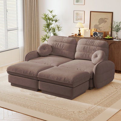 72" Wide Modern Cloud Sofa Loveseat, Chenille with Quilted Backrest, with 2 Movable Ottoman for Small Spaces living room, Rose Dust