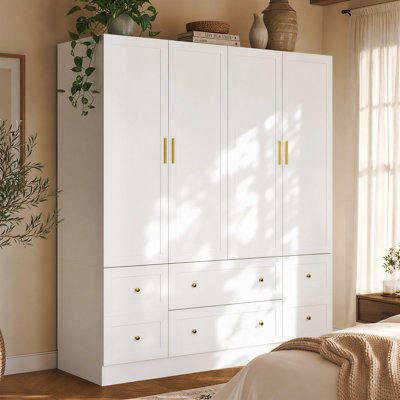 63" W Freestanding Wardrobe Armoire with 4 Doors, 4 Drawers, 2 Hanging Rods and Interior Shelves