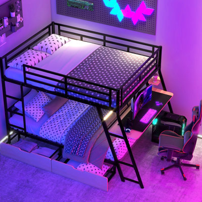 Lit superposé double en métal avec bureau intégré et 2 tiroirs utiles - noir pour la chambre à coucher