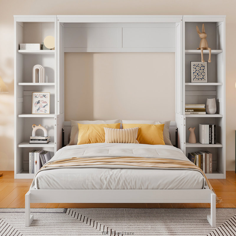 Grand lit escamotable avec bureau et bibliothèque, blanc, White