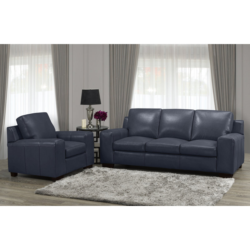 Canapé en cuir véritable 86 po Davontai, Cuir bleu marine