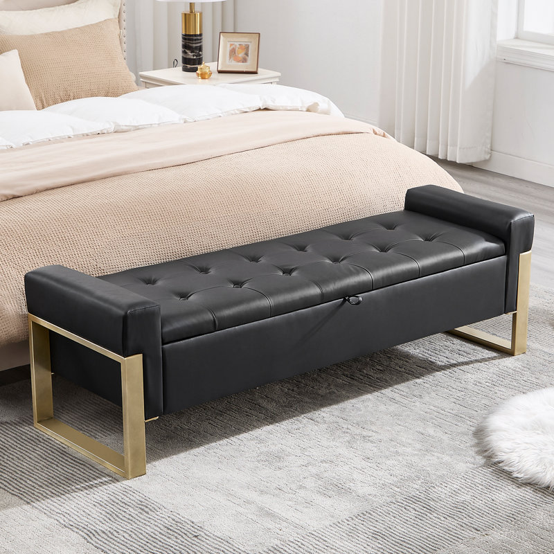 Upholstered Flip Top Storage Bench With Metal Feet, Black