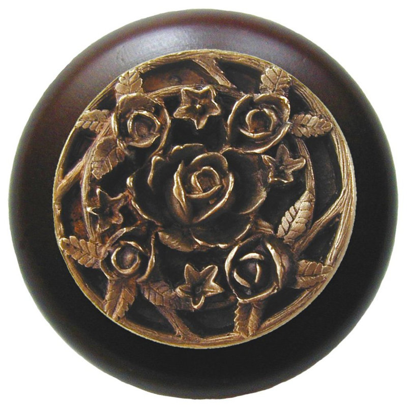 Floral 1.5" Diameter Mushroom Knob, Antique Brass/Natural Wood